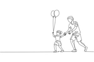 un dessin au trait continu jeune papa et sa fille vont au festival de carnaval de nuit pendant que l'enfant tient un ballon. concept de parentalité familiale heureuse. illustration graphique de vecteur de conception de dessin à une seule ligne