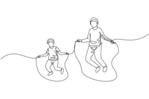 dessin d'une seule ligne continue le jeune père et son fils font de l'exercice en sautant avec une corde à sauter dans un parc près de chez eux. concept de parentalité familiale heureuse. Une ligne à la mode dessiner illustration vectorielle graphique de conception vecteur