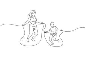 un dessin au trait continu de la jeune mère et de son fils en train de sauter avec une corde à sauter dans un parc près de la maison. concept de parentalité familiale heureuse. illustration vectorielle de dessin graphique à une seule ligne dynamique vecteur