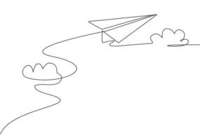 dessin au trait continu unique d'un avion en papier volant à travers les nuages sur fond blanc. jouet pour enfant origami avion en papier. concept de minimalisme dynamique une ligne dessiner illustration vectorielle de conception graphique vecteur