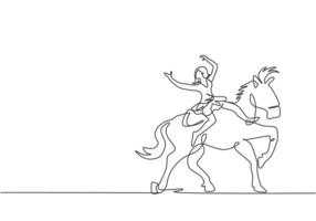 une seule ligne dessinant une acrobate joue sur un cheval de cirque tout en dansant sur le dos du cheval et lève les mains. le cheval entre dans la danse. une ligne dessiner illustration vectorielle graphique de conception. vecteur