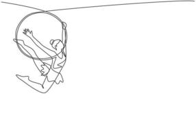 une ligne continue dessinant une femme acrobatique qui danse sur un cerceau aérien et a un bras et les deux jambes tendus vers l'arrière. illustration graphique de vecteur de conception de dessin à une seule ligne.