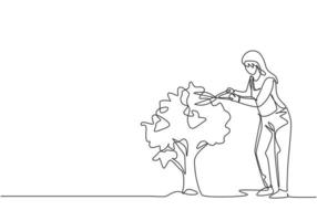 dessin continu d'une ligne une jeune agricultrice a coupé les feuilles de l'arbre à l'aide de ciseaux à plantes. concept minimaliste de défi agricole. illustration graphique de vecteur de conception de dessin à une seule ligne.