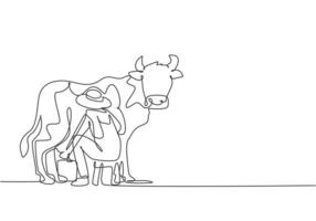 dessin d'une seule ligne continue jeune agriculteur traire une vache de manière traditionnelle. un concept de minimalisme d'activité de récolte réussi. dynamique une ligne dessiner illustration vectorielle de conception graphique. vecteur