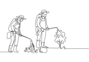 dessin d'une seule ligne d'un couple d'agriculteurs avec un masque pulvérisant les plantes avec un pulvérisateur désinfectant. concept de minimalisme agricole. ligne continue dessiner illustration vectorielle graphique de conception vecteur