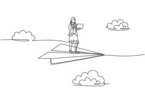 dessin continu d'une ligne jeune travailleuse tenant un ordinateur portable tout en volant avec un avion en papier. chef d'entreprise de succès. concept minimaliste de métaphore. illustration graphique de vecteur de conception de dessin à une seule ligne