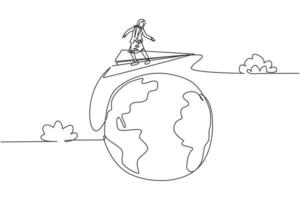 dessin au trait continu unique jeune femme d'affaires professionnelle faisant un voyage d'affaires autour du monde avec un avion en papier. concept de métaphore de minimalisme. une ligne dessiner illustration vectorielle de conception graphique vecteur