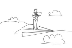 dessin d'une seule ligne d'un jeune homme d'affaires intelligent tenant un ordinateur portable et volant avec un avion en papier. concept de métaphore d'entreprise. dessin de ligne continue moderne. illustration vectorielle graphique design minimal vecteur