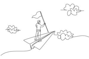 dessin continu d'une ligne jeune leader masculin tenant un drapeau tout en volant avec un avion en papier. métaphore du succès commercial. concept minimaliste. illustration graphique de vecteur de conception de dessin à une seule ligne