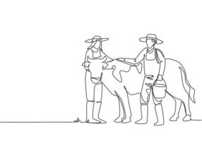 dessin continu d'une ligne agriculteur masculin frottant la vache tout en portant un seau d'eau. les agricultrices ont aidé. concept minimaliste d'agriculture de succès. illustration graphique de vecteur de conception de dessin à une seule ligne