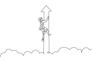 dessin d'une seule ligne de jeune femme d'affaires intelligente tenir le symbole de flèche volante vers le haut dans le ciel. concept minimal de croissance de la finance d'entreprise. illustration vectorielle graphique de conception de ligne continue moderne vecteur