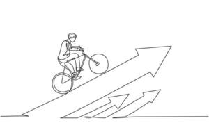 dessin continu d'une ligne jeune travailleur masculin grimper la flèche signe jusqu'à vélo. concept minimaliste d'éthique de travail de directeur d'entreprise de succès. illustration graphique de vecteur de conception de dessin de ligne unique à la mode