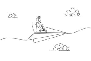 dessin continu d'une ligne d'un jeune travailleur arabe assis se détendre sur un avion en papier volant. concept de métaphore minimaliste de voyage d'affaires de succès. illustration graphique de vecteur de conception de dessin à une seule ligne