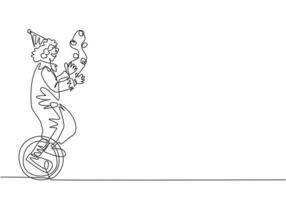 une ligne continue dessinant un clown masculin jonglant sur un vélo. le clown qui jouait était très drôle et divertissait le public. événement de spectacle de cirque. illustration graphique de vecteur de conception de dessin à une seule ligne.