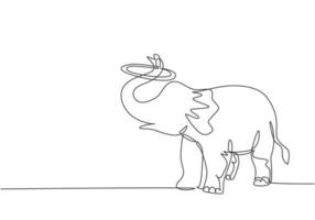 dessin d'une seule ligne d'un éléphant exécute un spectacle de cirque en tournant un cercle à l'aide de sa trompe. animal mignon qui est très attrayant. ligne continue moderne dessiner illustration vectorielle graphique de conception. vecteur