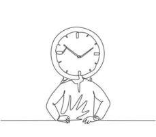 dessin d'une seule ligne d'un jeune homme d'affaires arabe avec une tête d'horloge analogique au bureau. concept de métaphore de la discipline du temps des affaires. ligne continue moderne dessiner illustration vectorielle graphique de conception. vecteur