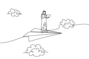 dessin continu d'une ligne jeune travailleur arabe debout et tenant un ordinateur portable sur un avion en papier volant. concept de métaphore minimaliste de chef d'entreprise. illustration graphique de vecteur de conception de dessin à une seule ligne