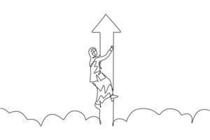 Un seul dessin d'une jeune femme d'affaires arabe intelligente tient une flèche volante vers le haut dans le ciel nuageux. concept minimal de croissance de l'entreprise. illustration vectorielle graphique de conception de ligne continue moderne vecteur