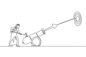 dessin continu d'une ligne un jeune travailleur arabe tire une mèche de boulet de canon pour atteindre l'objectif commercial. concept minimaliste de stratégie commerciale de réussite. illustration graphique de vecteur de conception de dessin de ligne unique à la mode