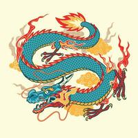 féroce asiatique dragon en volant plus de nuage avec Feu main tiré illustration vecteur