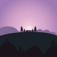 Montagne lever du soleil paysage silhouette illustration avec pin arbre vecteur