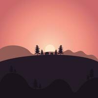 Montagne lever du soleil paysage silhouette illustration avec pin arbre vecteur