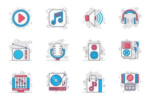 Ensemble d'icônes de ligne plate de concept de musique et de station de radio. équipement musical et diffusion. ensemble de volume, casque, microphone, audio et autres. symboles de contour de pack conceptuel vectoriel pour application mobile