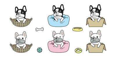 chien vecteur français bouledogue OS chiot animal de compagnie jouet boîte panier oreiller icône dessin animé personnage symbole race illustration griffonnage conception