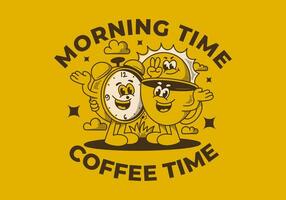 Matin temps, café temps. mascotte personnage de café tasse, alarme l'horloge et une Soleil vecteur