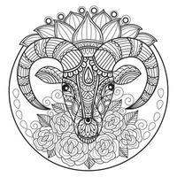 chèvre et fleur de lotus dessinés à la main pour livre de coloriage adulte vecteur