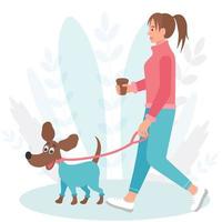 chien en promenade avec une fille vector illustration plate