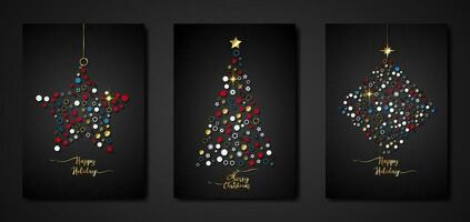 ensemble noir carte de joyeux Noël et content vacances, salutation cartes, affiches, Nouveau année couvertures. conception modèles avec typographie, saison vœux dans coloré minimaliste style pour la toile, social médias, impression vecteur