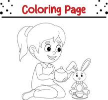 fille en jouant lapin poupée coloration page vecteur