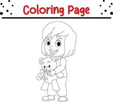 peu fille en portant nounours ours coloration page vecteur