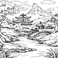 chinois paysage coloration page vecteur