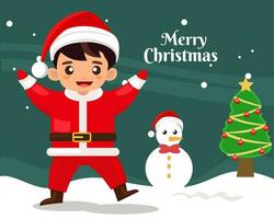 joyeux Noël conception avec content garçon dans Père Noël claus costume et bonhomme de neige vecteur
