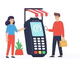 les clients en utilisant le sans contact Paiement nfc La technologie de le numérique bancaire concept. Payer par crédit carte avec machine dans boutique vecteur sur blanc Contexte