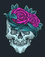 illustration ancien crâne avec Rose fleur vecteur