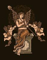 illustration main dessiné. ange femme avec deux Cupidon ange vecteur