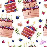 sans couture modèle avec une gâteau décoré avec crème, baies, une bougie et une cierge magique. Contexte avec anniversaire gâteau. de fête texture pour emballage papier, cartes, tissu, fond d'écran. vecteur