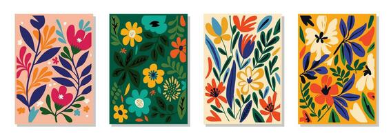 ensemble de 4 botanique mur art affiches, brochure, prospectus modèles, couvertures, contemporain collage. biologique formes, été brillant ligne abstrait floral modèle, hippie style, naïve sensationnel vecteur