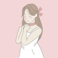 une Jeune femme portant une blanc robe et en portant sa mains sur sa poitrine, dans le style de kawaii art, lumière rose et rouge, Animé gifs, simple, coloré illustrations, romantique charme, subtil émotions, vecteur