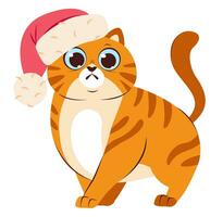 mignonne espiègle Noël chat. une chat dans une de fête Père Noël claus chapeau. dessin animé plat vecteur illustration.