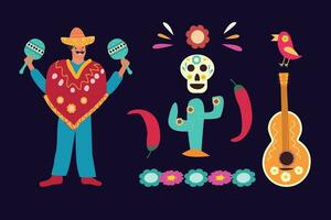 mexicain homme dans chapeau, cactus, guitare et maraca. vecteur