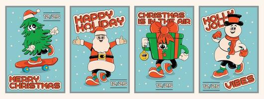 Noël rétro affiches. Père Noël, bonhomme de neige, arbre, cadeau. Nouveau années mascottes. joyeux Noël et content Nouveau an. vecteur illustration.