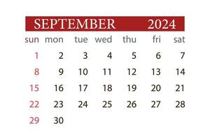 vecteur septembre 2024 calendrier mensuel planificateur début dimanche modèle.