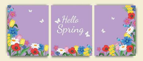 Bonjour printemps, un original bannière qui consiste de Trois les pièces avec fleurs et papillons, adapté pour salutation cartes. vecteur illustration.