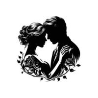 silhouette de une romantique couple dans noir et blanc vecteur