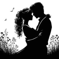 silhouette de une romantique couple dans noir et blanc vecteur