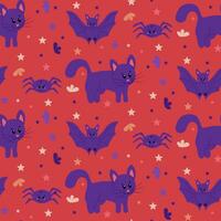 marrant magique sans couture modèle avec mignonne animaux. plat kawaii magique chat, chauve souris, araignée sur rouge Contexte. sorcière en relation animaux. graphique impression conception pour emballage papier, textile, arrière-plan, bannière vecteur